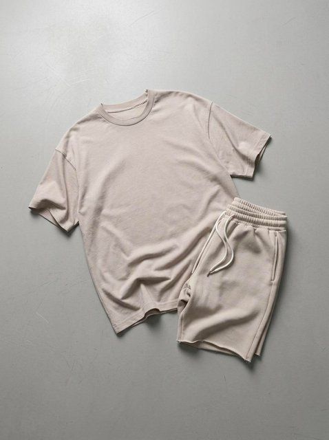 Чоловічий бавовняний комплект футболка + шорти бежевий oversize KP151LSH фото