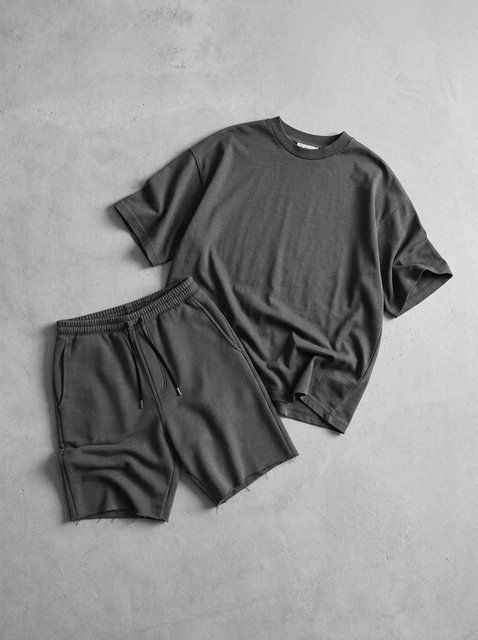 Чоловічий бавовняний комплект футболка + шорти графітовий oversize KP148LSH фото