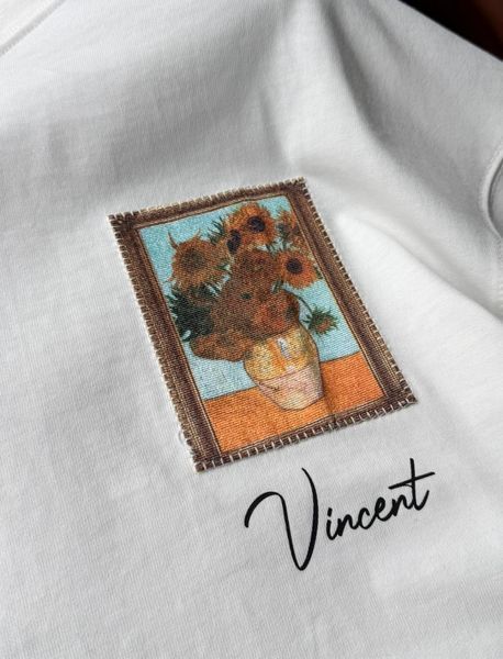 Чоловіча щільна оверсайз футболка Vincent Van Gogh з вишивкою біла TT338 фото