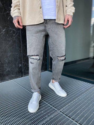Мужские джинсы серые рваные прямого кроя GD700/3 фото