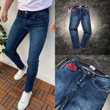 Чоловічі джинси темно-сині slim fit TOMH04 фото