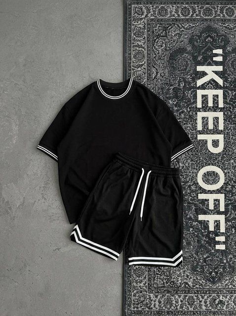 Чоловічий бавовняний комплект футболка + шорти чорний oversize KP123LSH фото